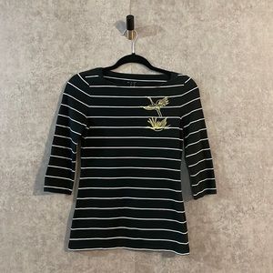 A New Day Cotton Black & White Striped Gold Embroidered Crane Long Sleeve Blouse